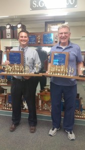 Principal Dean Ledford and Athletic Director Joe Reynolds proudly hold up both of the All Sports trophies after sweeping both the boys and girls athletic programs of the year awards. 